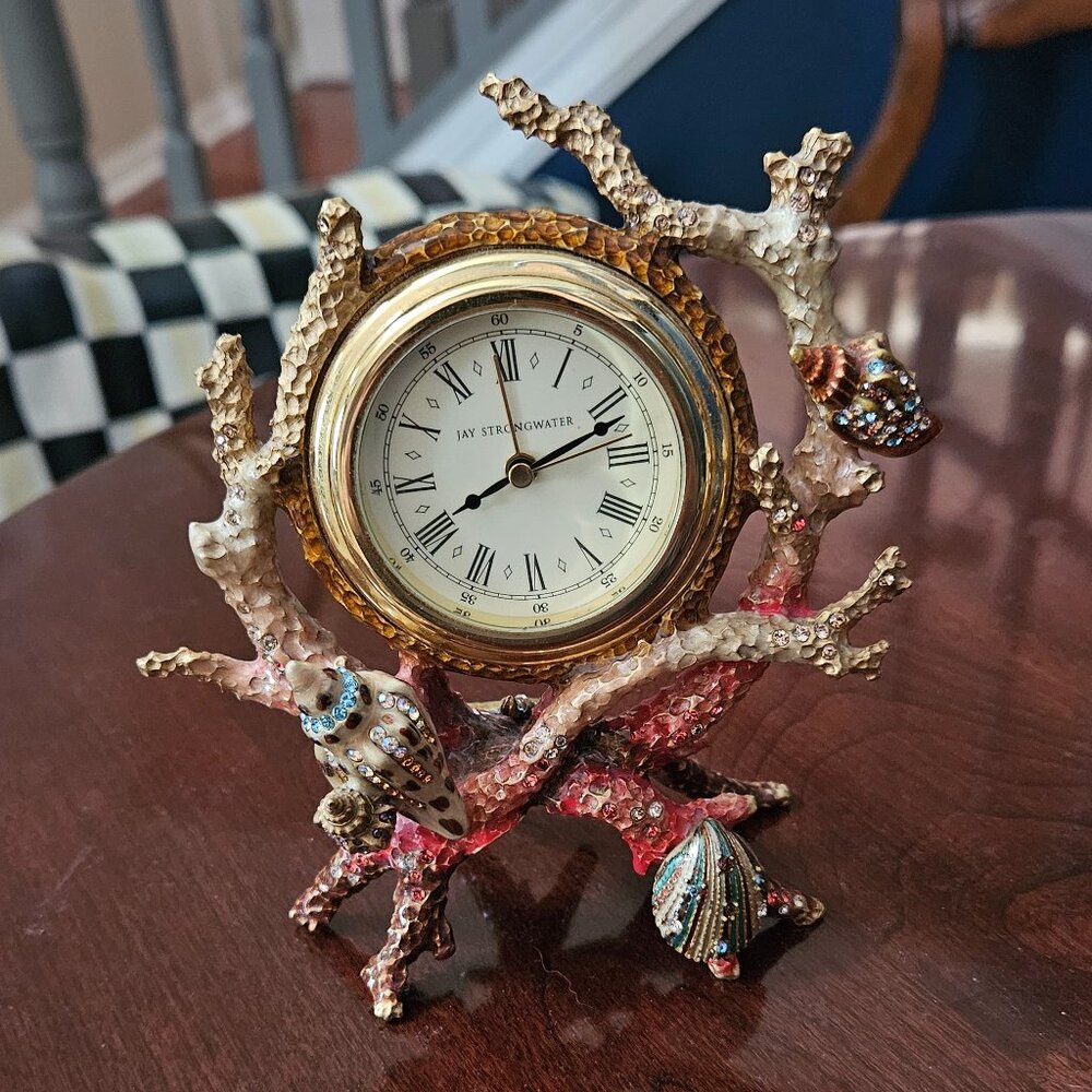 RARE JAY STRONGWATER CORAL SHELL GROTTO CRYSTAL ENAMEL ALARM DESK CLOCK OBJET